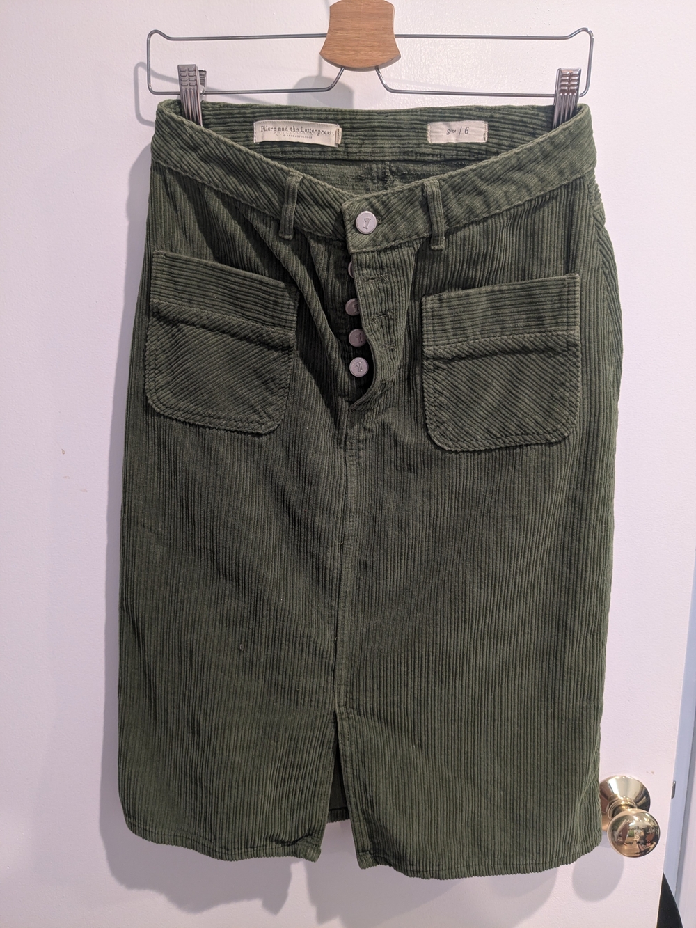 Anthropologie Olive Green Corduroy Button Skirt